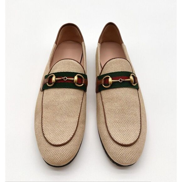 Gucci Brixton Beige Canvas Horsebit Buckle Loafers Web Stripe Flats EU 37 US 7 - Picture 2 of 12